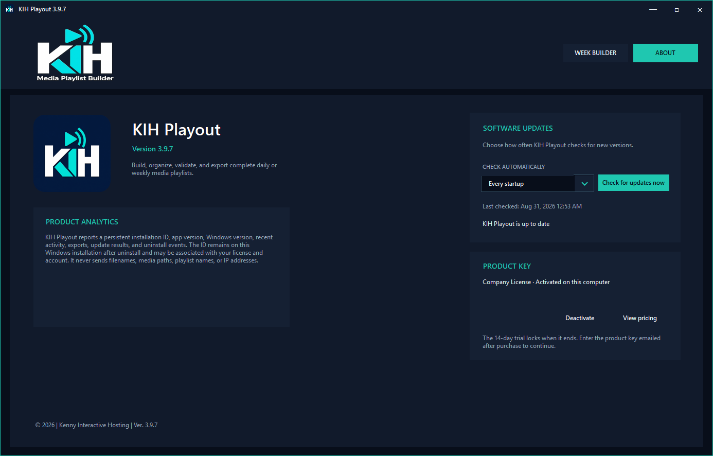 KIH Playout About and software updates screen