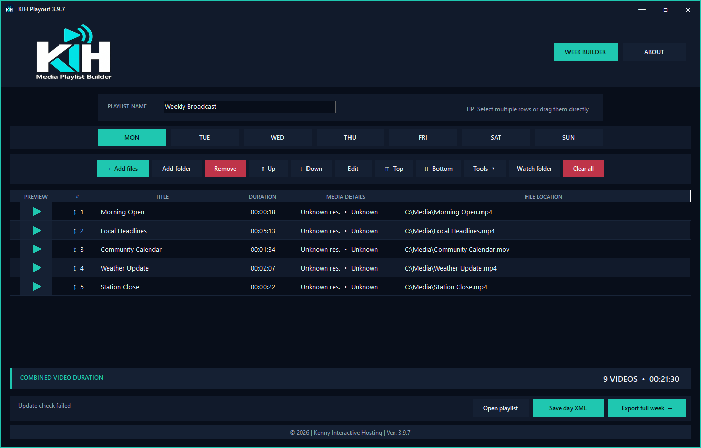 KIH Playout Week Builder interface